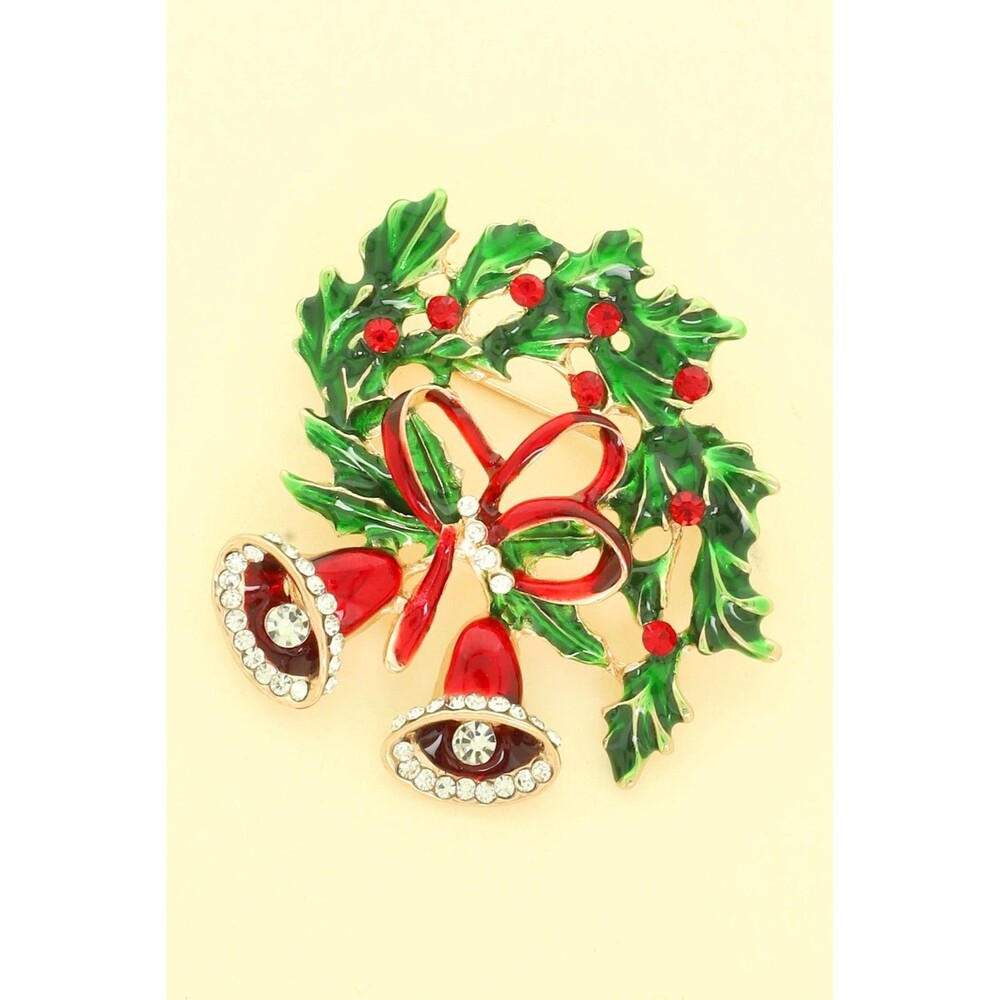 Christmas Bells With Holly Bow Brooch Pin - Diona J